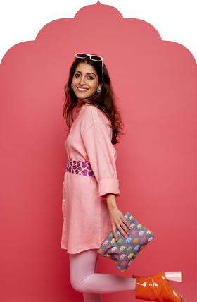 Grey Pouch with Multicolour Elephant Print