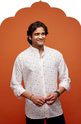 Men's White Shirt with Multicolour Mustache Print