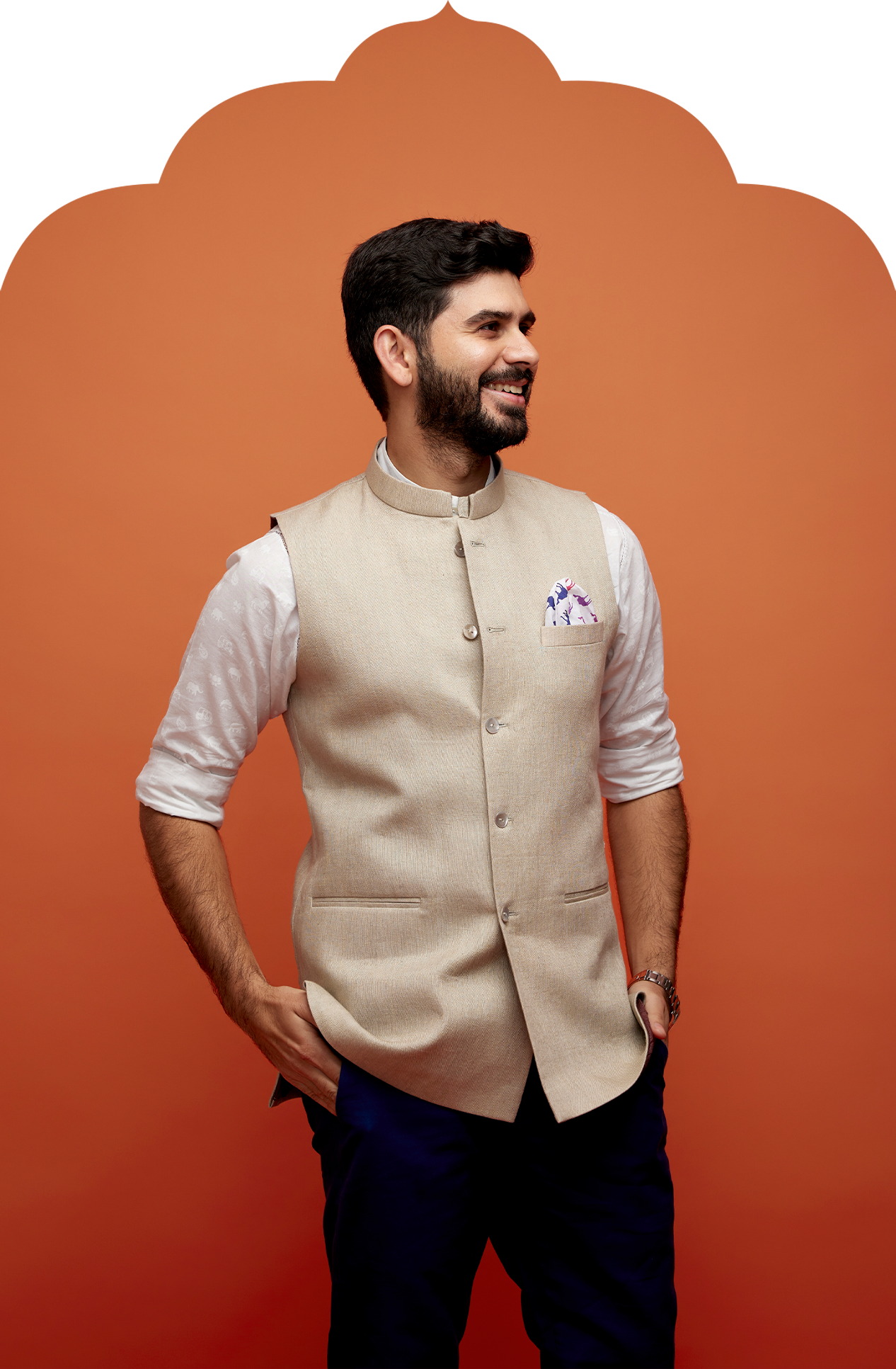 Men s Khaki Linen Nehru Jacket Hot Pink Jaipur