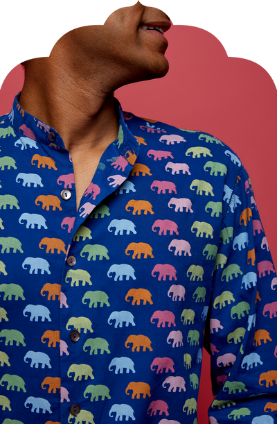 Men's Blue Shirt with Multicolour Marching Elephant Print