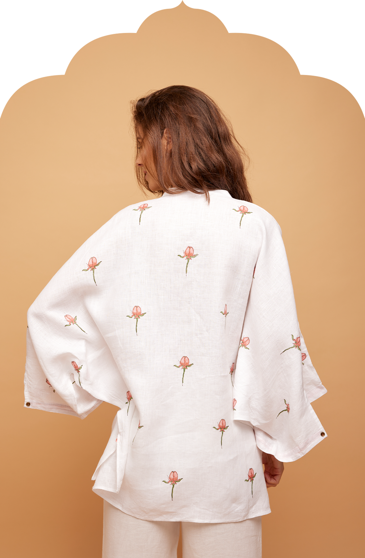 Women's white linen kaftan with rose print