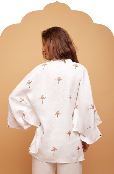 Women's white linen kaftan with rose print