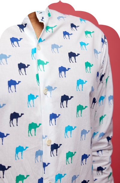 Men's White-Blue Shirt with Camel Print
