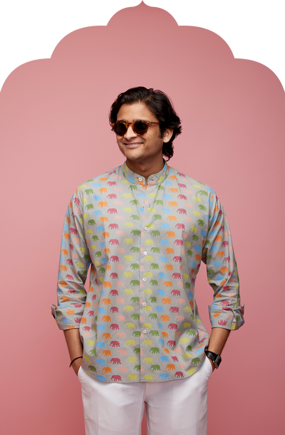 Men's Grey Shirt with Multicolour Marching Elephant Print