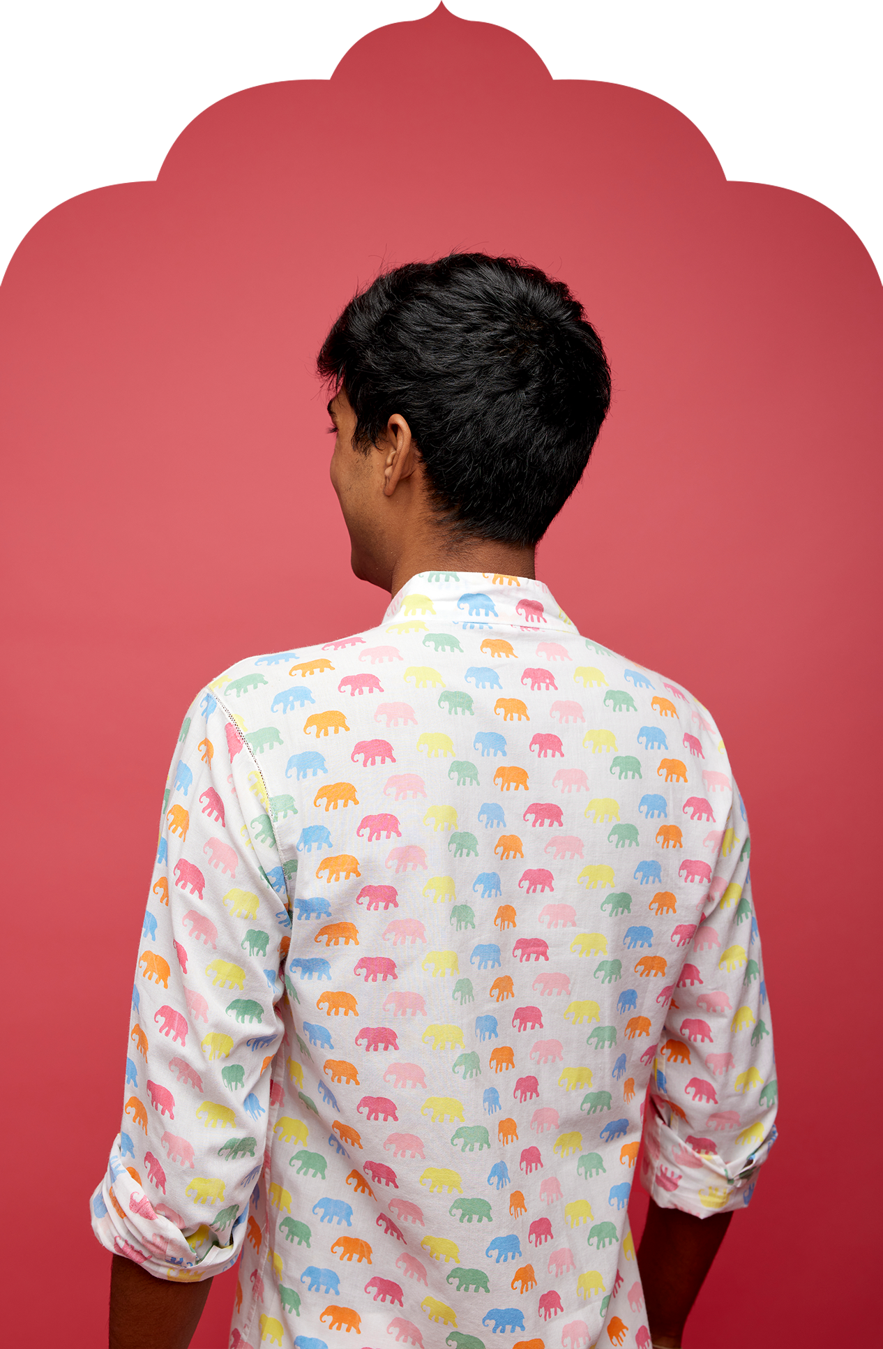 Men's White Shirt with Multicolour Marching Elephant Print