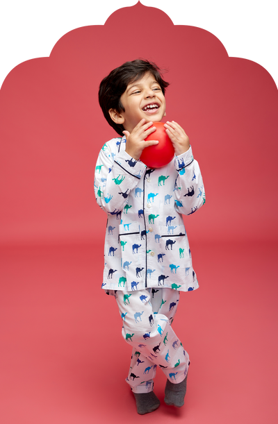 Kid's White Nightsuit with Blue Camel Print