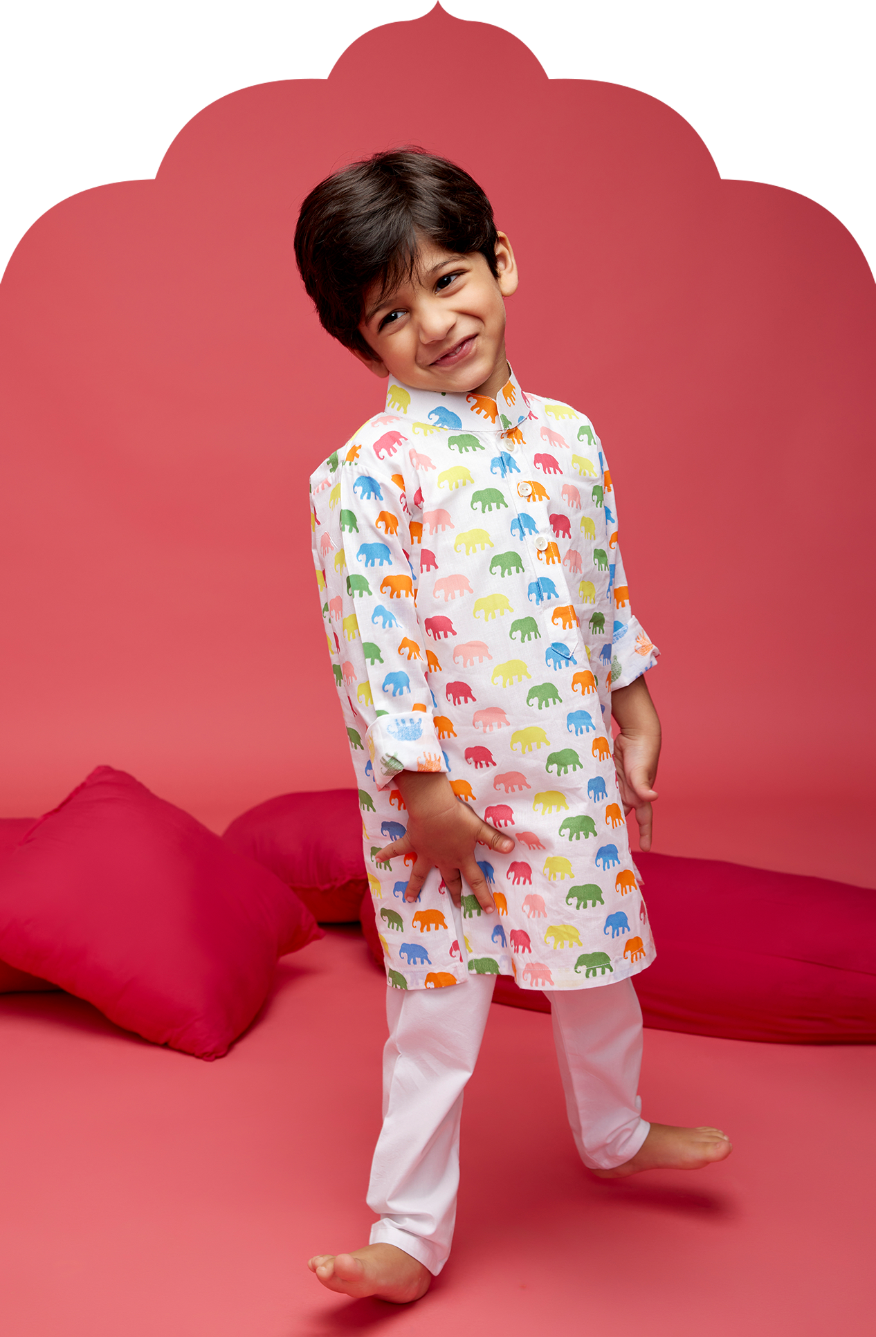 Boy's White Marching Elephant Kurta Pyjama
