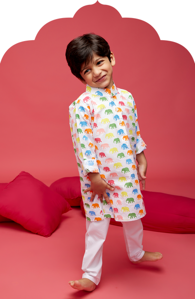 Boy's White Marching Elephant Kurta Pyjama