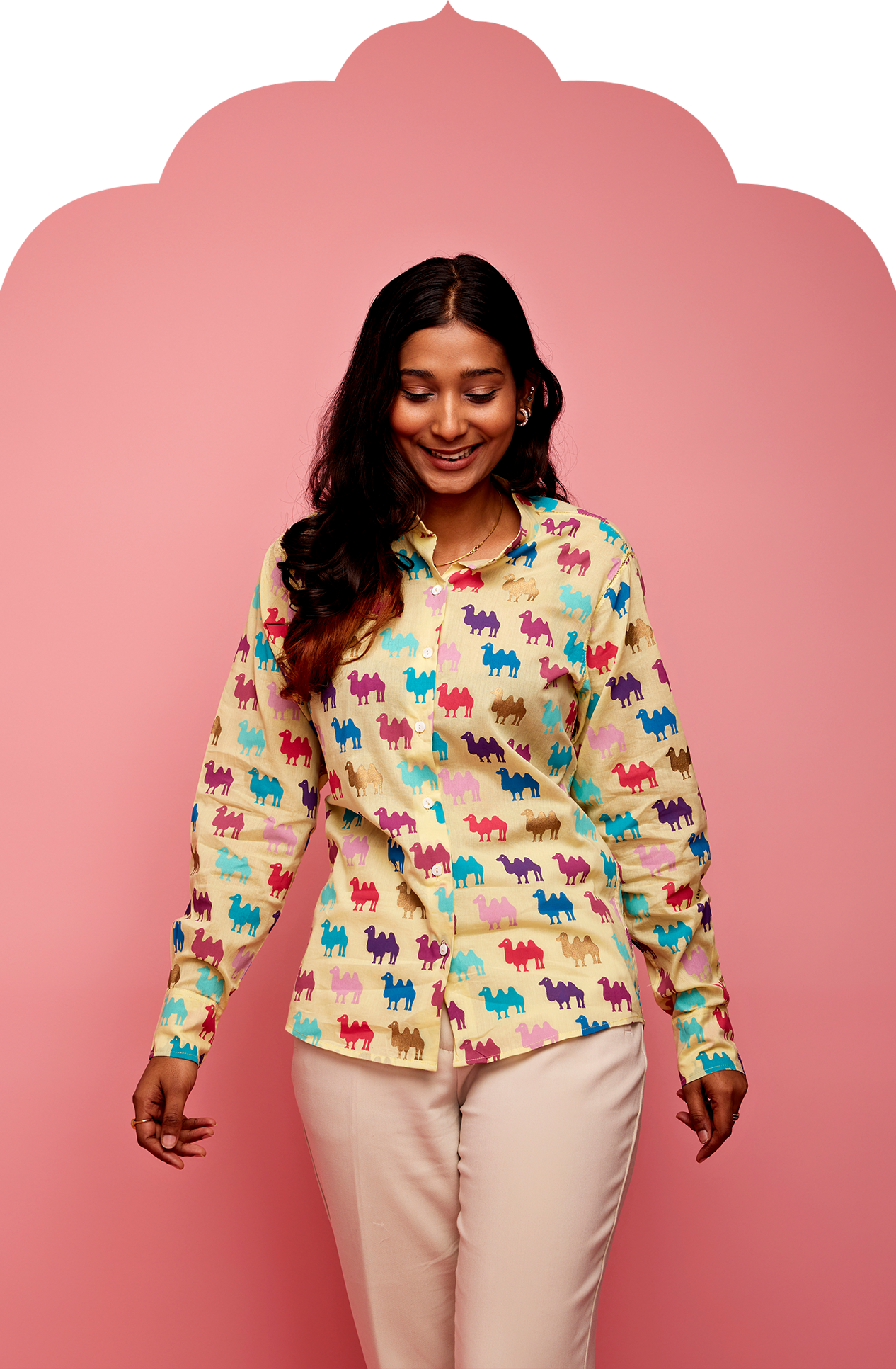 Women's Yellow Shirt with Multicolour Camel Print