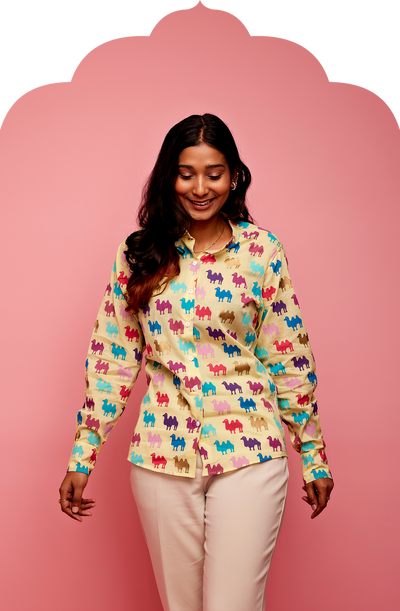 Women's Yellow Shirt with Multicolour Camel Print