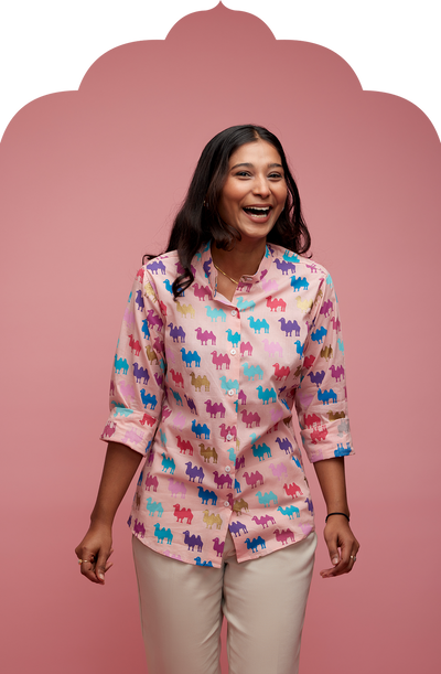 Women's Pink Shirt with Multicolour Camel Print