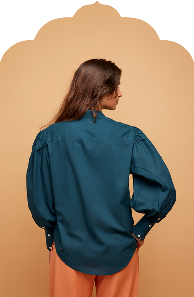 Women's Teal Shirt with Balloon Sleeves